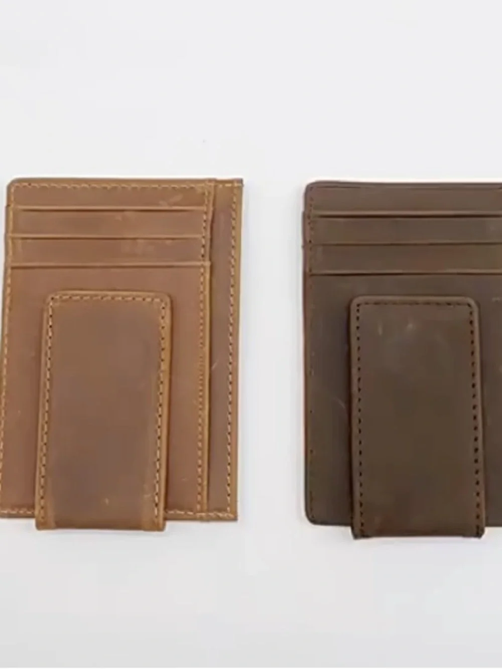 Slim Tan Leather Money Clip Card Holder with ID Window
